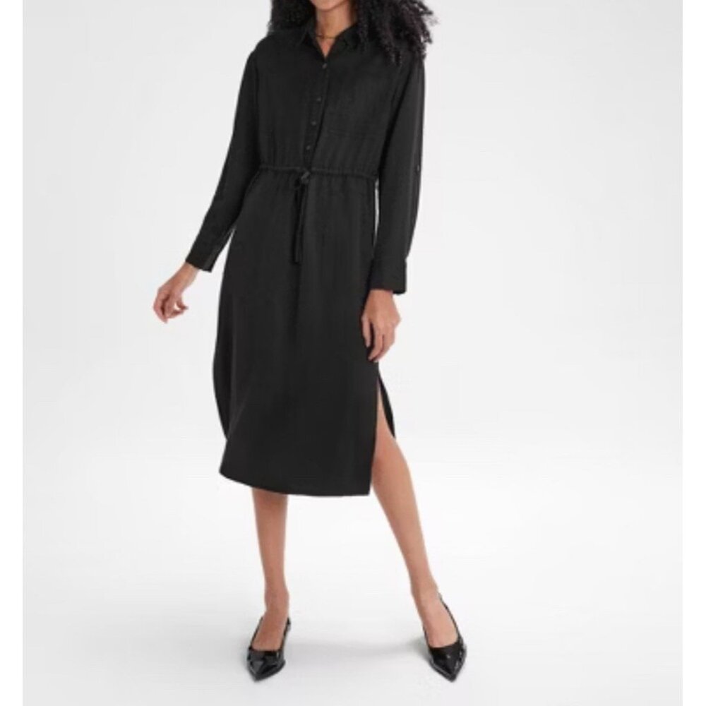 A New Day Women's  Collared Half Button Drawstring Dress Long Sleeve, Black, XS